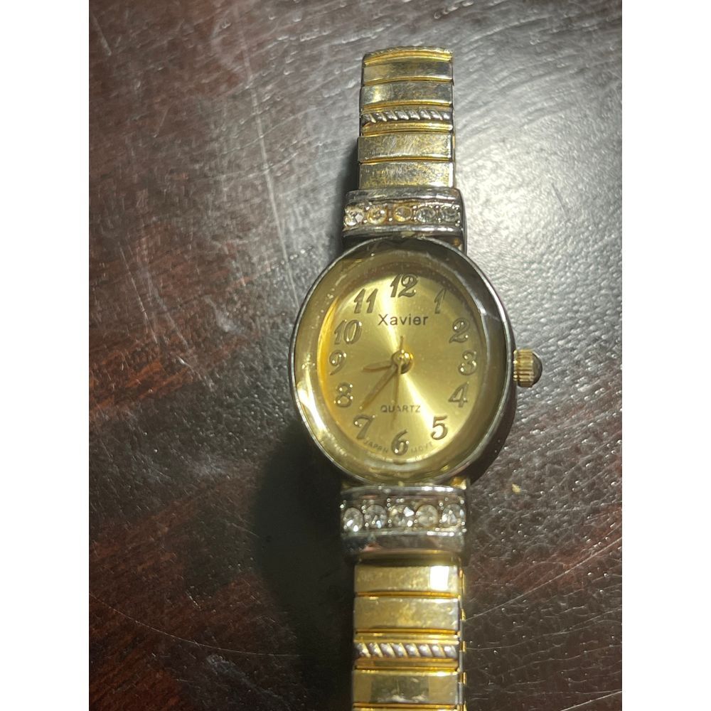 Xavier Vintage Two-Tone Crystal Accent‎ Stretch Band Watch Gold Silver @J